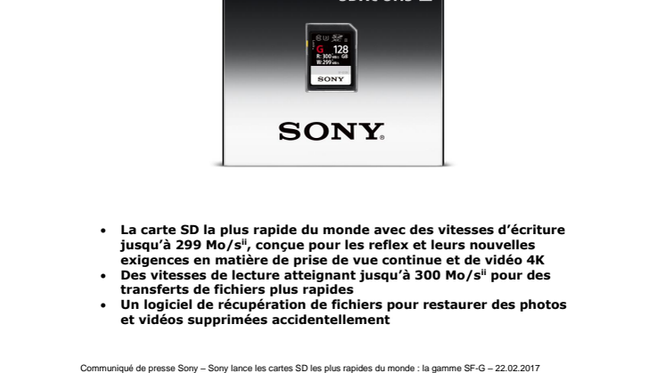 Sony lance les cartes SD les plus rapides du monde  :  la gamme SF-G