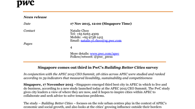 Singapore comes out third in PwC’s Building Better Cities survey
