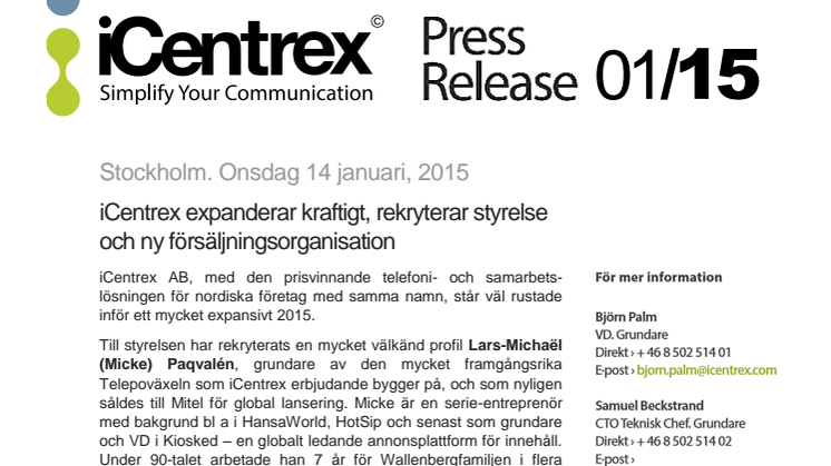iCentrex expanderar kraftigt, rekryterar styrelse och ny försäljningsorganisation
