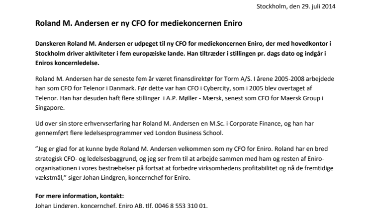 Roland M. Andersen er ny CFO for mediekoncernen Eniro