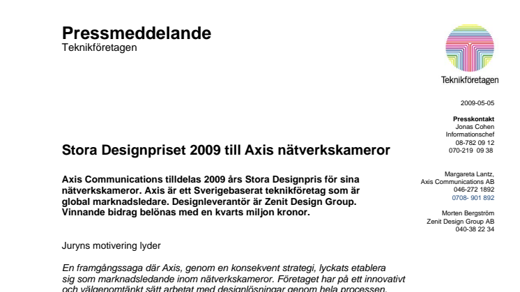Stora Designpriset 2009 till Axis nätverkskameror 