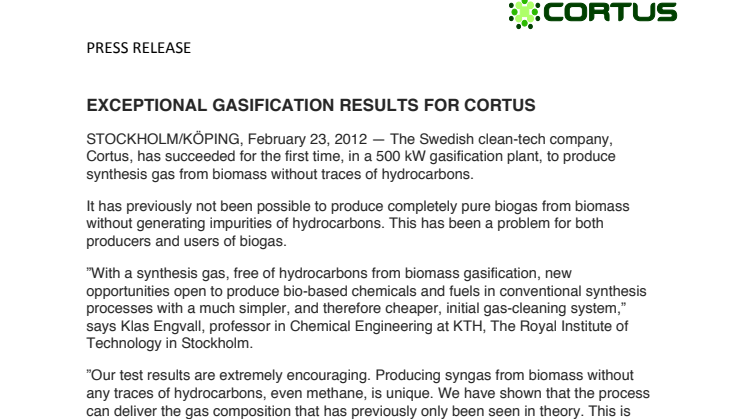 EXCEPTIONAL GASIFICATION RESULTS FOR CORTUS