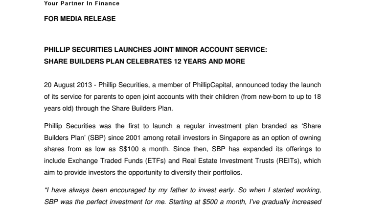 Phillip Securities Launches Joint Minor Account Service: Share Builders Plan Celebrates 12 Years & MoreE