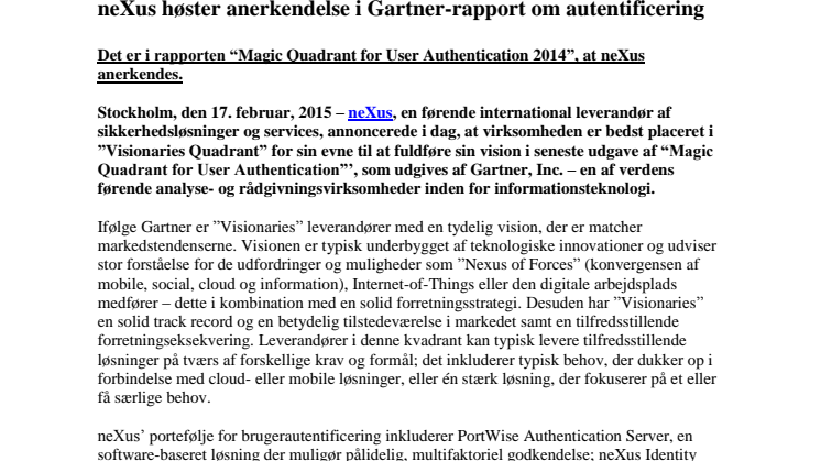 neXus høster anerkendelse i Gartner-rapport om autentificering