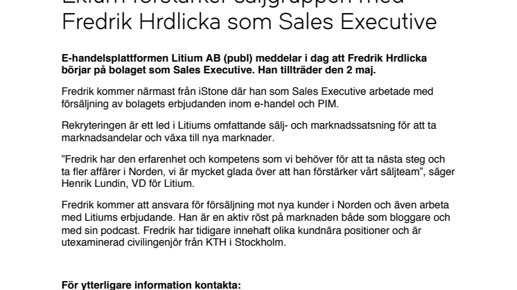 Litium förstärker säljgruppen med Fredrik Hrdlicka som Sales Executive 