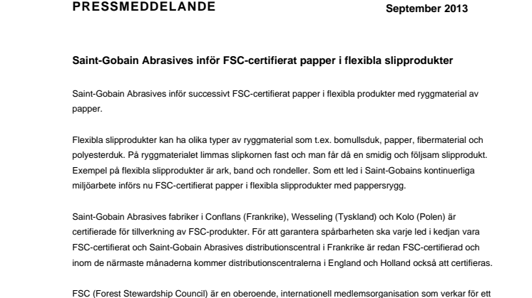 Saint-Gobain Abrasives inför FSC-certifierat papper i flexibla slipprodukter