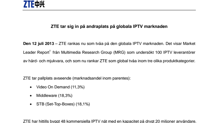 ZTE tar sig in på andraplats på globala IPTV 