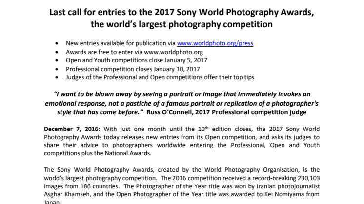 Vielä kuukausi aikaa ilmoittautua vuoden 2017 Sony World Photography Awards -valokuvauskilpailuun