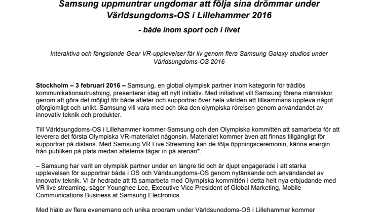 Samsung uppmuntrar ungdomar att följa sina drömmar under Världsungdoms-OS i Lillehammer 2016 