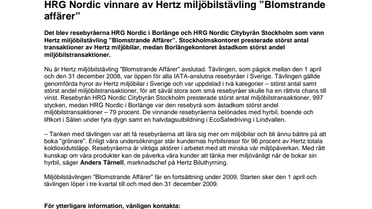 HRG Nordic vinnare av Hertz miljöbilstävling ”Blomstrande affärer”