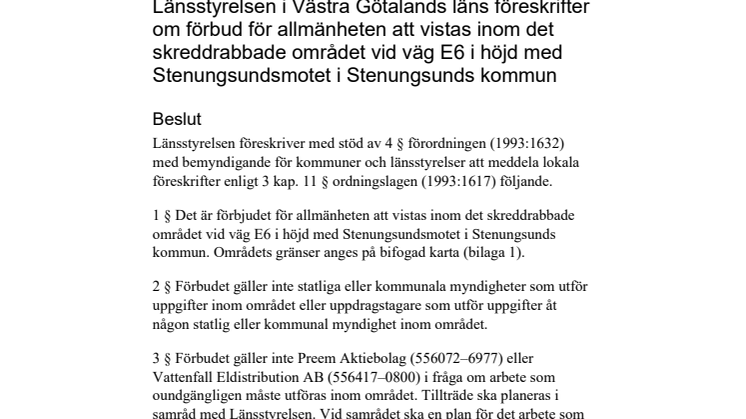 Länsstyrelsen i Västra Götalands läns föreskrifter om förbud för allmänheten att vistas inom det skreddrabbade området vid väg E6 i Stenungsunds kommun rättelse.pdf