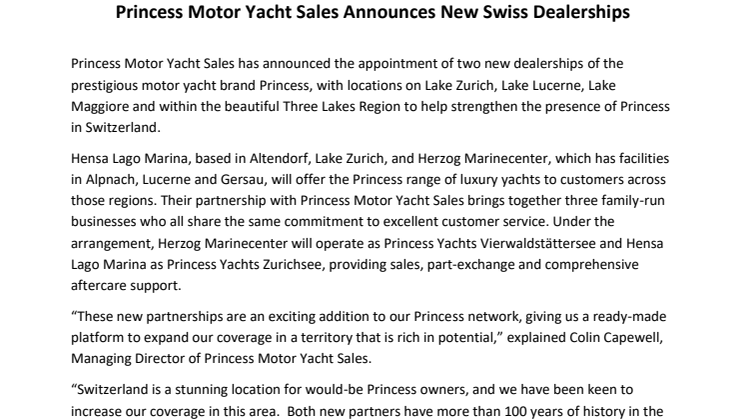 Princess Motor Yacht Sales Announces New Swiss Dealerships