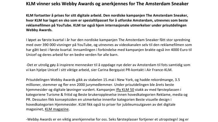 KLM vinner seks Webby Awards og anerkjennes for The Amsterdam Sneaker