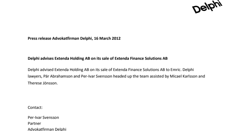Delphi advises Extenda Holding AB on its sale of Extenda Finance Solutions AB 