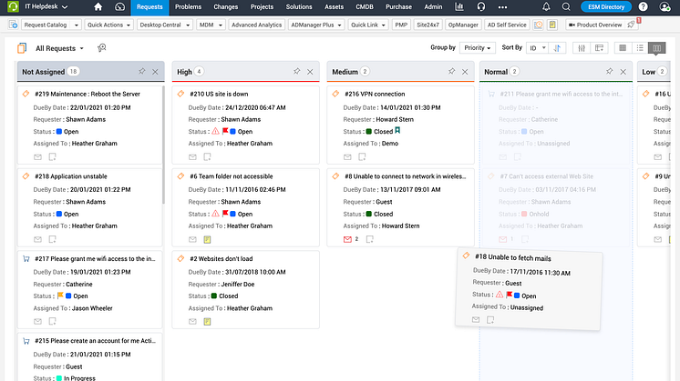 Med kanban-vyn kan du flytta ärenden mellan statusar, ändra prioritet eller tilldela tekniker med drag-and-drop.