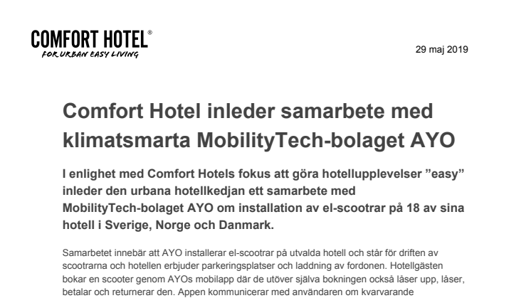 Comfort Hotel inleder samarbete med klimatsmarta MobilityTech-bolaget AYO