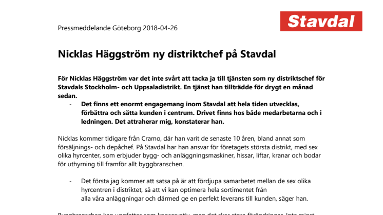 Nicklas Häggström ny distriktchef på Stavdal