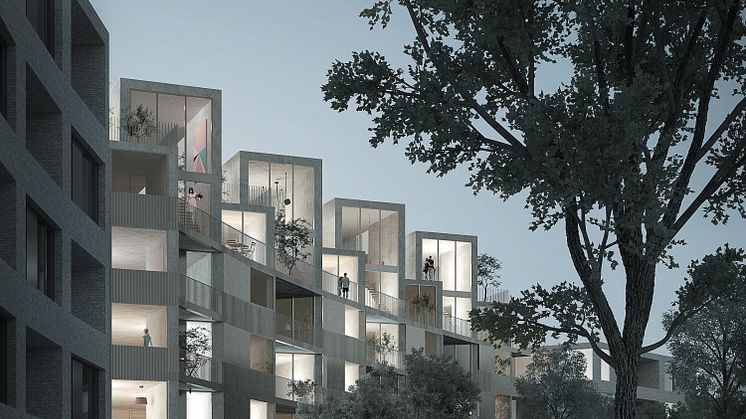 Visionsbilden visar Navet, Kärnhems och Arkitema Architects vinnande förslag för kvarteret mellan Nobelparken och Brunnshögs torg i centrala Brunnshög.