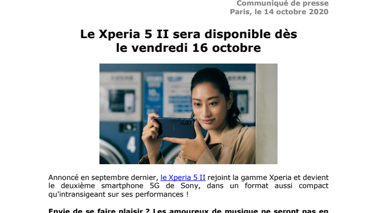 Le Xperia 5 II sera disponible dès  le vendredi 16 octobre