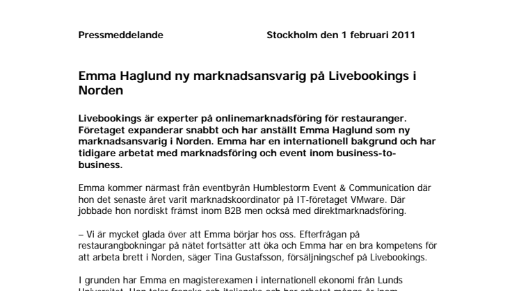 Emma Haglund ny marknadsansvarig på Livebookings i Norden