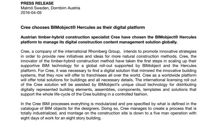 Cree chooses BIMobject® Hercules as their digital platform