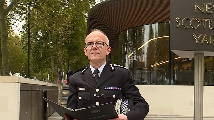 [Commissioner Sir Mark Rowley reading statement outside New Scotland Yard]