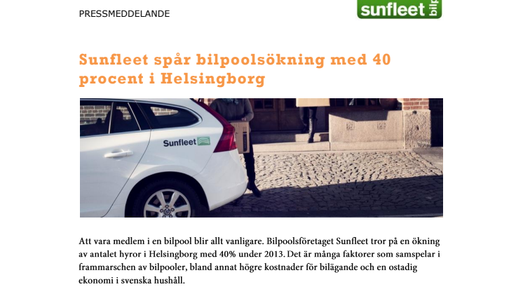 Sunfleet spår bilpoolsökning med 40 procent i Helsingborg