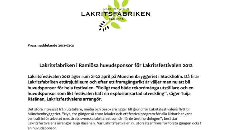 Lakritsfabriken i Ramlösa huvudsponsor för Lakritsfestivalen 2012
