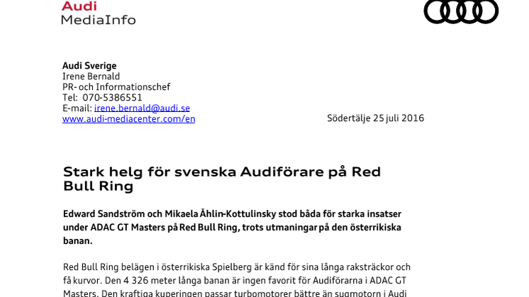 Stark helg för svenska Audiförare på Red Bull Ring