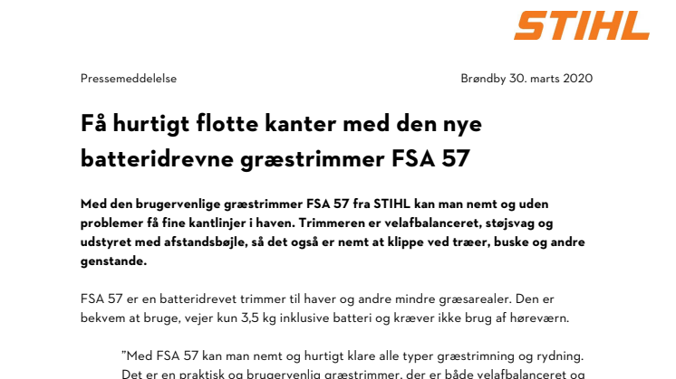 Få hurtigt flotte kanter med den nye batteridrevne græstrimmer FSA 57