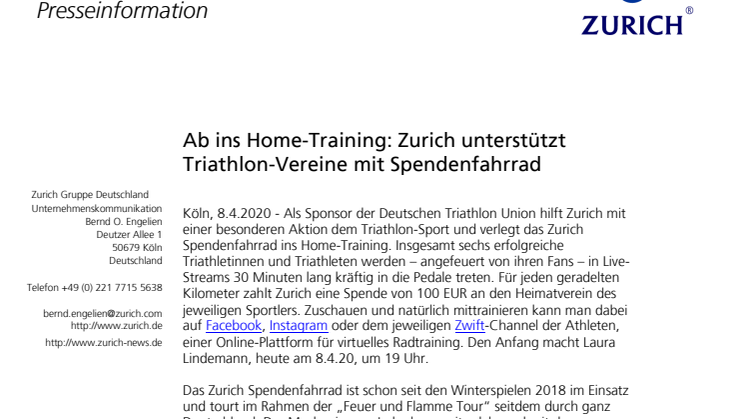 Ab ins Home-Training: Zurich unterstützt Triathlon-Vereine mit Spendenfahrrad