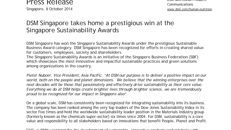 DSM Singapore takes home a prestigious win at the Singapore Sustainability Awards
