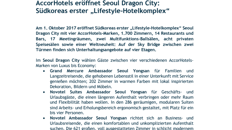 AccorHotels eröffnet Seoul Dragon City: Südkoreas erster „Lifestyle-Hotelkomplex“