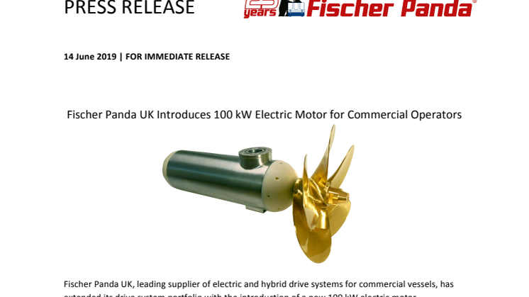 Fischer Panda UK Introduces 100 kW Electric Motor for Commercial Operators