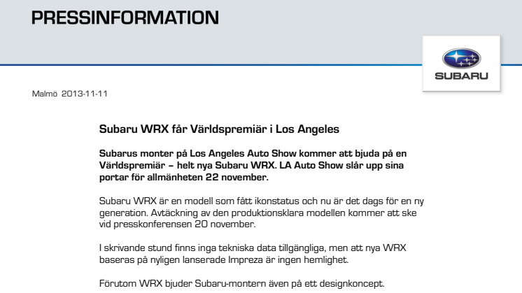 Subaru WRX får Världspremiär i Los Angeles