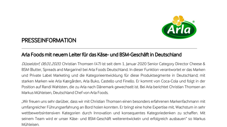 Arla Foods mit neuem Leiter für das Käse- und BSM-Geschäft in Deutschland
