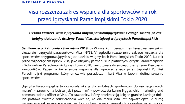 Visa rozszerza zakres wsparcia dla sportowców na rok przed Igrzyskami Paraolimpijskimi Tokio 2020