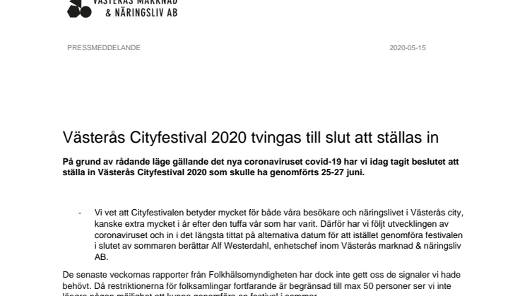 Västerås Cityfestival 2020 tvingas till slut att ställas in 