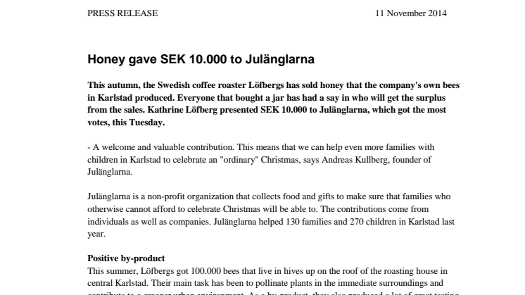 Honey gave SEK 10.000 to Julänglarna