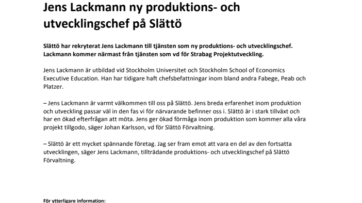 Jens Lackmann ny produktions- och utvecklingschef på Slättö
