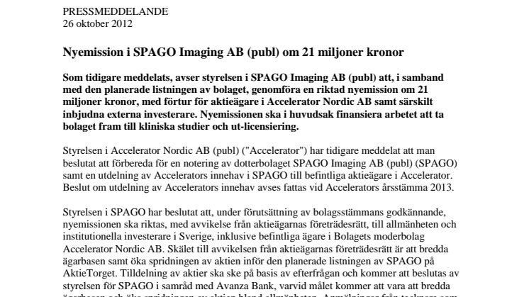Nyemission i SPAGO Imaging AB (publ) om 21 miljoner kronor