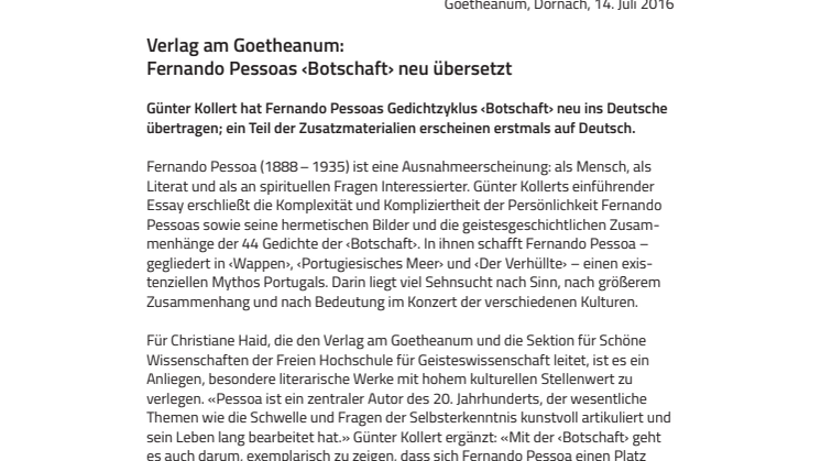 KORREKTUR Verlag am Goetheanum: Fernando Pessoas ‹Botschaft› neu übersetzt