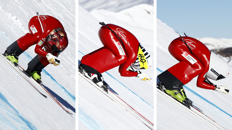 Olof Abrahamsson, Carl Ribbegårdh och Agnes Abrahamsson tränar inför VM i speedski. Foto: TAM TAM PHOTO.