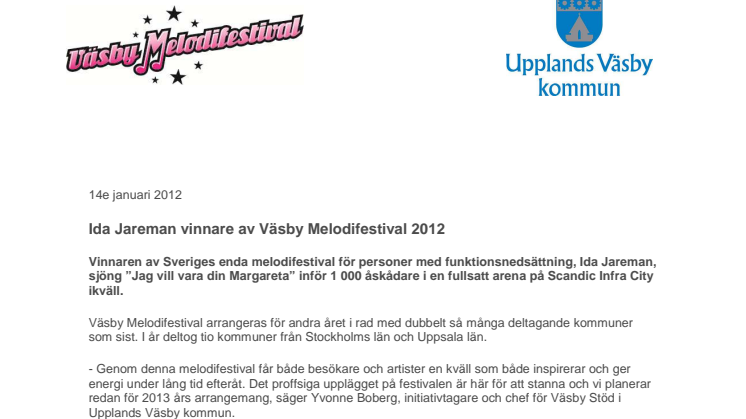 Ida Jareman vinnare av Väsby Melodifestival 2012