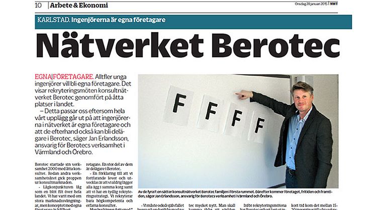 Nätverket Berotec - Ingenjörerna är egna företagare, artikel i NWT 28 januari 2015