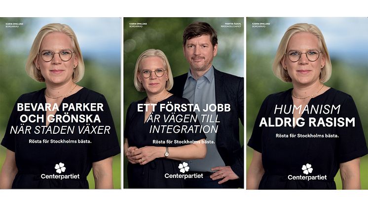 Karin Ernlund, borgarråd och distriktsordförande samt Martin Ådahl, riksdagsledamot, på tre av Centerpartiets lokala valaffischer i Stockholm.