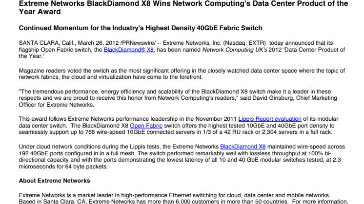 Extreme Networks BlackDiamond X8 Wins Network Computing's Data Center Product of the Year Award