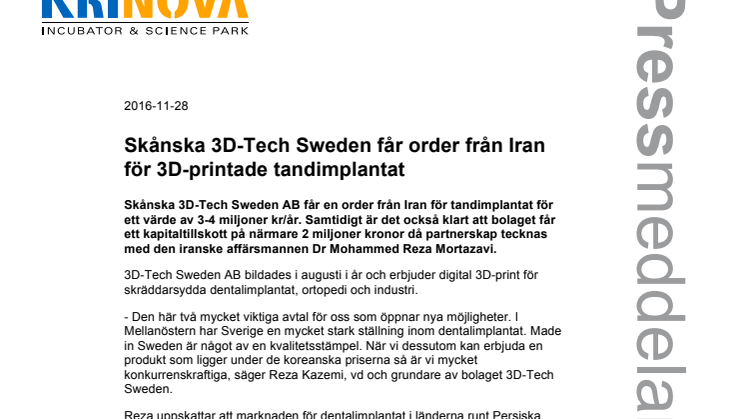Skånska 3D-Tech Sweden får order från Iran för 3D-printade tandimplantat