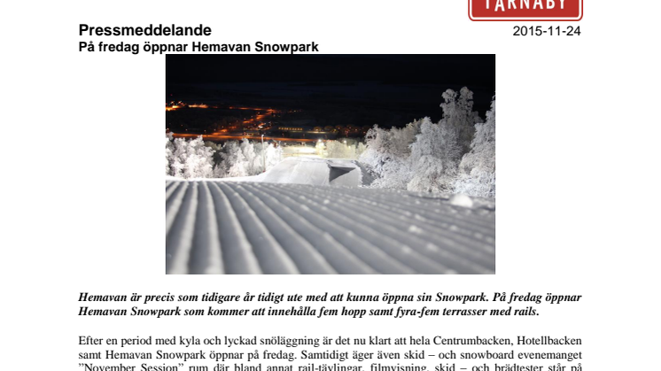 På fredag öppnar Hemavan Snowpark