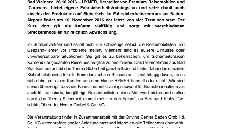 Für sichere Straßen in Baden-Württemberg: Fahrsicherheitstraining von HYMER